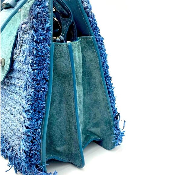 Auth Jimmy Choo Rebel Tote Raffia Suede Blue Dusk Front Clasp Handbag Preloved - Picture 5 of 14